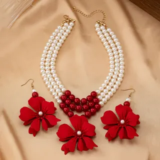 Pearl Bead Flower Pendant Necklace & Earrings Set, Red White Imitation Pearl Multi-Strand Necklace with 3D Flower Drop Earrings, Bridal Bridesmaid Party Jewelry Set