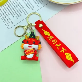 Lucky Dragon Keychain Phone Strap Bag Charm, Red Silicone Cartoon Dragon with Mahjong Fa Tile & 'Dragon Power' Wrist Strap, Alloy Lobster Clasp, Chinese New Year Zodiac Gift