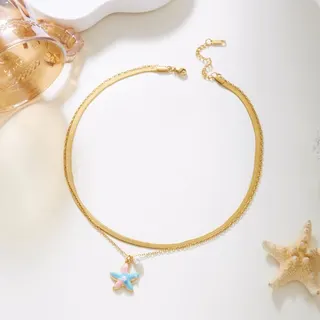 Double Layer Shell Necklace, 18K Gold Plated Stainless Steel Clavicle Chain with Imitation Pearl Opal Shell Pendant, 40+5cm Adjustable, Hypoallergenic Fashion Jewelry for Women