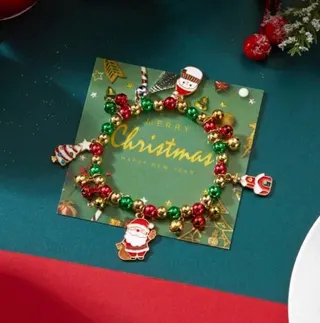 Christmas Beaded Bracelet with Santa Claus Charm, Red Green Gold Alloy 18cm, Holiday Party Gift Jewelry