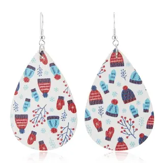Christmas Knit Hat & Mitten Print Teardrop Leather Earrings, Red Blue Holiday Dangle Earrings, Festive Gift Jewelry Pair, 3.5x7.5cm