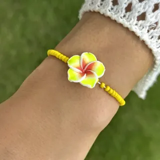 Bohemian Plumeria Flower Bracelet - Handmade Polymer Clay & Seed Bead Strand, Blue Tropical Vacation Jewelry, 17cm