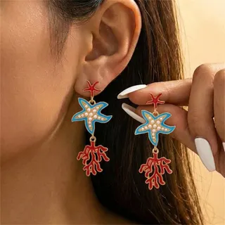 Ocean Starfish Coral Dangle Earrings, Red Blue Enamel Pearl Drop Earrings, Alloy Vacation Boho Beach Jewelry for Women