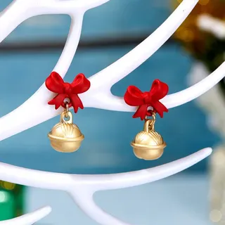 Christmas Red Bow Bell Drop Earrings, Alloy 18K Gold Plated Enamel Holiday Dangle Earrings for Women