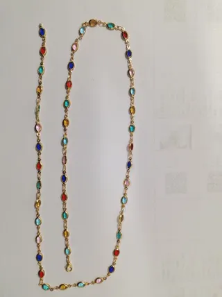 Gold Plated Copper Multi-Color Rhinestone Long Necklace for Women, Vintage Luxury Colored Glass Crystal Chain, Approx 50cm, 1 Piece