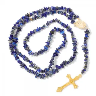 Lapis Lazuli Crushed Stone Cross Necklace Women 18K Gold Plated Natural Beaded Long Chain Catholic Faith Jewelry 72cm