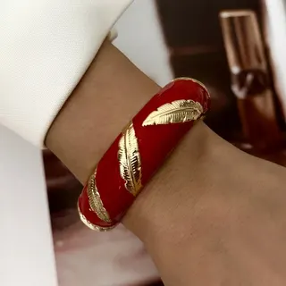Vintage Enamel Bangle Bracelet Red White Color Block Wide Cuff, 18K Gold Plated Alloy, French Retro Irregular Mosaic Design, ~6cm