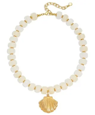 Vintage Shell Pendant Necklace - White Resin Bead Strand with Gold-Tone Fan Shell Charm, Adjustable 40+5cm, Hypoallergenic Beach & French Style Choker