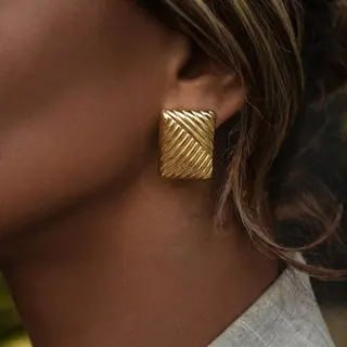 Geometric Rectangle Earrings for Women, Gold Stainless Steel Textured Hoop Studs, Hypoallergenic 18K Gold Plated, 3x2.8cm Minimalist Statement Earrings