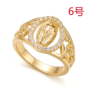 Vintage Gold Tone Zircon Portrait Ring - Hollow Filigree Wide Band with Micro-Pavé Stones, Size 9, Religious Madonna Relief Design, 1pc