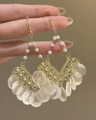 Bohemian Vintage Tassel Earrings - 18K Gold Plated Alloy with Shell & Pearl Drops, Statement Dangle Earrings for Beach & Party
