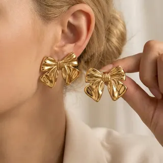 French Style Bow Knot Earrings, Stainless Steel 18K Gold Plated Ribbon Stud Earrings, Gold 3D Sweet Elegant Ear Jewelry 3x2.3cm