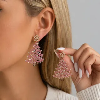 Christmas Tree Earrings for Women, Pink Rhinestone & Pearl Alloy Dangle Earrings, Festive Holiday Party Jewelry Gift, Approx 6cm