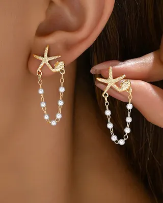 Seashell Starfish Pearl Drop Earrings for Women, French Vacation Style Long Dangle Earrings, 18K Gold Plated Alloy with Imitation Pearls, Ocean Beach Jewelry Gift