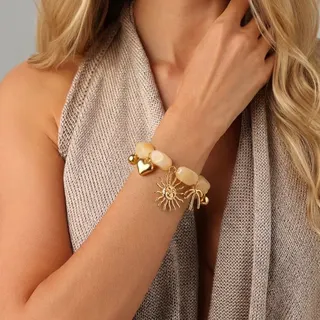 Boho Resin Bead Bracelet with Sun Moon Star Charms, Brown Alloy 18K Gold Plated, Adjustable 18+5cm, Vintage Statement Wristband for Women
