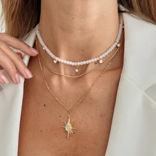Vintage Layered Sunburst Star Necklace Set - 3-Piece Stainless Steel 18K Gold Plated Pendant with Rhinestone & White Bead Chain, French Chic Collarnecklace for Women
