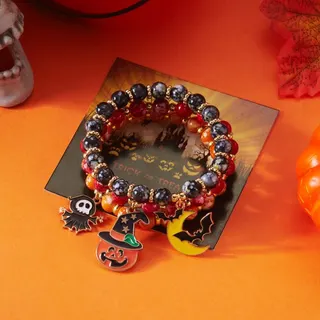 Halloween Beaded Bracelet Set of 3 - Ghost Cat Pumpkin Charm Bracelets, Alloy Electroplated Beads, 18cm, Festive Party & Cosplay Jewelry Gift