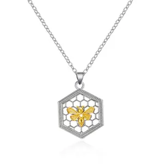 Honeycomb Bee Pendant Necklace, Hexagon Honeycomb Locket with Gold Bee & Rhinestone Inlay, 40+5cm Adjustable Chain, Fashion Jewelry for Women