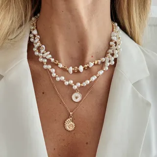 Layered Star Pendant Necklace Set - 18K Gold Plated Stainless Steel with Pearl & Mother of Pearl, French Vintage Multi-Strand Choker, 37/41/45cm