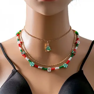 Christmas Multi-Layer Necklace 18K Gold Plated Alloy Snowflake Pendant Red Green White Beaded Chain 35+6cm Holiday Party Gift Jewelry