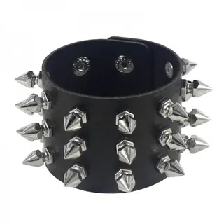 Punk Rock Studded Leather Cuff Bracelet - Black Wide Bangle with 3 Rows of Silver Spike Cones, Gothic Street Jewelry, Alloy & Leather, 22.5cm