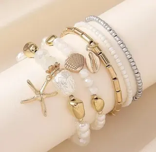 Pearl Rice Bead Bracelet 5-Piece Set, Ocean Style Starfish & Shell Charm, 18K Gold Plated Alloy Imitation Pearl Beaded Bracelets for Women, Vacation Layering Jewelry Gift Set