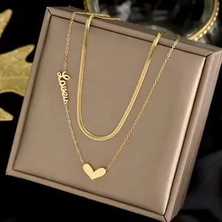 Double Layer Gold Necklace for Women - Love Letter & Heart Pendant, 18K Gold Plated Stainless Steel Clavicle Chain, Hypoallergenic Tarnish Free, Gift Boxed