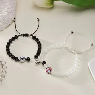 Cute Cartoon Couple Bracelet Set - Hello Kitty & Spider-Man Charm Beaded Bracelets, Adjustable Crystal Beads, Pink & Black, 16-28cm, 2pcs Gift for Her/Best Friend