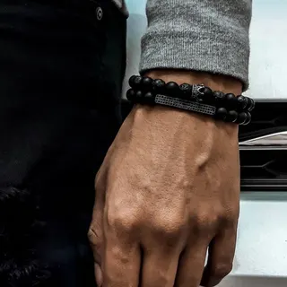 Men's Beaded Bracelet Set (2 Pcs) - Black Volcanic Stone & Lava Stone with Crown Rhinestone Alloy Charm, Biker Street Style, 18.5-19.5cm