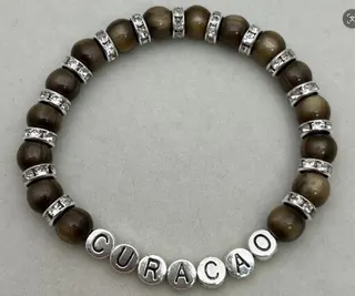 CURACAO Letter Bead Bracelet, Tiger Eye Stone & Rhinestone Alloy Charm, 8mm Vacation Travel Jewelry for Women