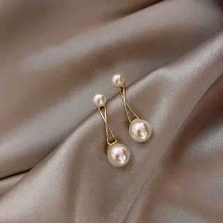 French Vintage Crossed Pearl Drop Earrings, 18K Gold Plated Alloy with 925 Silver Post, Double Pearl Geometric Dangle Earrings for Women