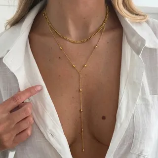 Double Layer Y-Shape Long Necklace with Beads, 18K Gold Plated Stainless Steel Cuban Chain Layered Pendant Necklace for Women