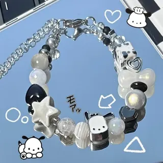 Hello Kitty Bell Charm Bracelet for Women, Pink Crystal Beaded Bracelet with Bow & Heart Charms, Adjustable 16+5cm Alloy Plated Cute Cartoon Jewelry Gift