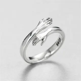 Gold Embrace Ring Adjustable Open Band, 18K Gold Plated Alloy, Interlocking Hands Hug Design, Statement Ring for Women, Couple Gift