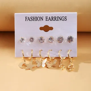 6 Pairs Star Moon Butterfly Dangle Earrings Set, Gold Alloy Crystal Stud & Drop Earrings, Sweet Vintage Fashion Jewelry Gift for Women