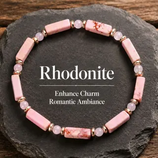 Natural Rhodonite & Rose Quartz Bead Bracelet - Pink Romantic Charm Stretch Bracelet for Women, ~18cm