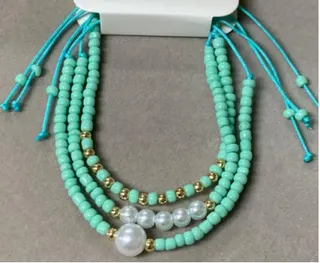 Mint Green Multi-Strand Beaded Necklace with Pearl & Gold Spacer Beads, Boho Statement Lariat Chain for Women