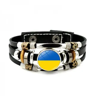 Ukraine Flag Leather Bracelet, Vintage Multi-Layer Beaded Wrap Cuff, Adjustable Boho Ethnic Wristband for Men & Women