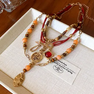 Bohemian Multi-Layer Beaded Necklace with Bow & Red Gemstone Pendant, Gold-Plated Alloy Ethnic Statement Chain, 41.5+5cm
