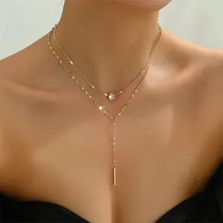 Double Layer Y-Shape Necklace for Women, 18K Gold Plated Alloy, Teardrop Zircon & Key Pendant, Collarbone Chain 38+5cm, Elegant Layered Jewelry Gift
