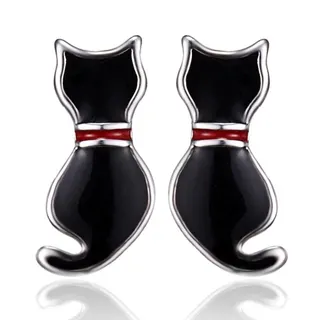 Cute Cat Silhouette Enamel Stud Earrings, Alloy Silver Plated with Black & Red Drip, Pair, 0.5x1cm