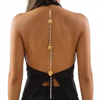 Shell & Starfish Body Chain Necklace, Gold Alloy with Faux Pearl, Boho Beach Back Chain, Adjustable 35+10cm, Hypoallergenic 18K Gold Plated, Swimwear Party Accessory
