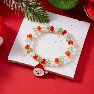 Christmas Snowflake Crystal Bead Bracelet, Red Green Faceted Beads with Alloy Snowflake Charm, Elastic 16cm Holiday Gift Jewelry for Women