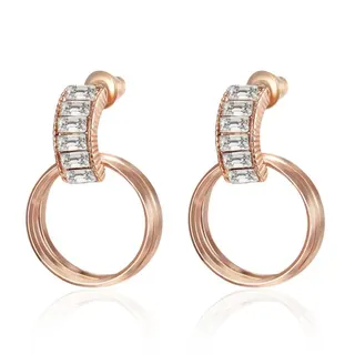 Rose Gold Geometric Hoop Earrings with Baguette Zircon Pavé, Double Circle Drop Earrings for Women, Hypoallergenic Alloy Jewelry Gift Set (Pair)