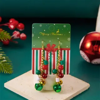 Christmas Bell Dangle Earrings - Gold Plated Alloy with Red Green Beads & Jingle Bells, Festive Holiday Party Jewelry Gift