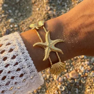 Ocean Themed Wrap Bracelet for Women, Starfish Shell Jellyfish Design, 18K Gold Plated Stainless Steel, Boho Beach Adjustable Bangle Jewelry