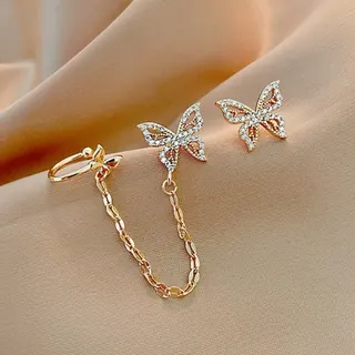 Asymmetric Butterfly Earrings, Hollow Chain Dangle Rhinestone Ear Clips, Gold-Plated No-Piercing Stud Earrings, Elegant French Style Pair