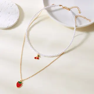 Strawberry Cherry Necklace Set, Imitation Pearl Beaded Chain with Enamel Fruit Pendant, 18K Gold Plated Alloy, Sweet Girl Style, 2pcs