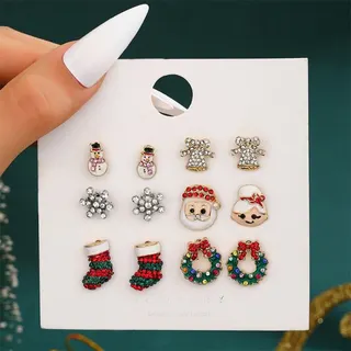 Christmas Earrings Set 6 Pairs - Alloy Rhinestone Cartoon Snowman Santa Snowflake Stocking Wreath Stud Earrings, Cute Holiday Party Jewelry Gift for Women Girls