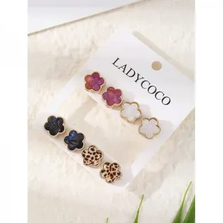 LADYCOCO Lucky Flower Stud Earrings, Vintage 4-Petal Alloy Earrings with 18K Gold Plated Enamel & Leopard Print, Mixed Color Set 1.5cm